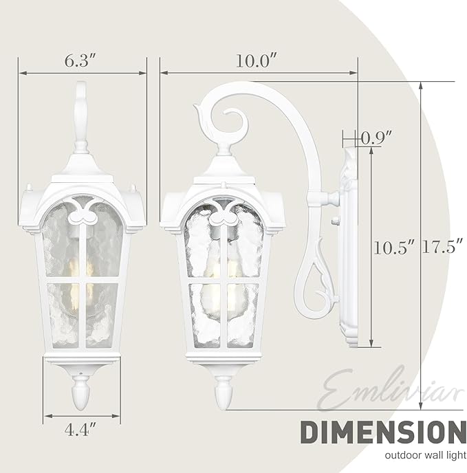 Emliviar Outdoor Wall Lights, 1-Light Modern Outside Lights for House, 17.5 Inch Height with Water Glass, White Finish, WE215B WH