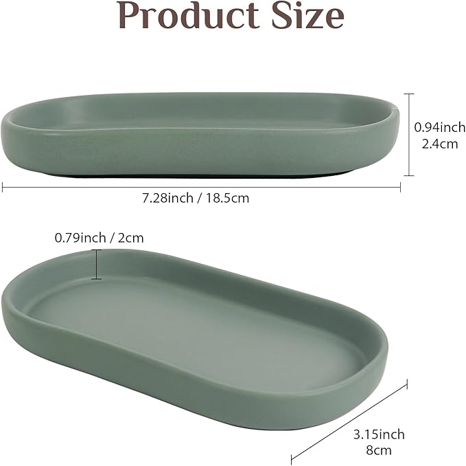 Ceramic Jewelry Tray – Oval Vanity Dish for Rings, Earrings, Bracelets – Minimalist Decorative Trinket Holder for Dresser, Bathroom, Nightstand – Matte Green