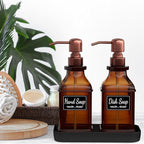 Soap Dispenser - 2 Pack, Antique Design Thick Amber Glass Hand Soap Dispensers with Sturdy Tray; 304 Rust Proof Stainless Steel Black Pump, 12Pcs Stickers, for Kitchen, Bathroom -Brushed Copper