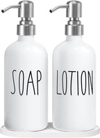MOMEEMO Hand Soap Dispenser for Bathroom, Soap and Lotion Dispenser Set with Silver Metal Pump, Suitable for Farmhouse Bathroom Decor. (White & Silver)