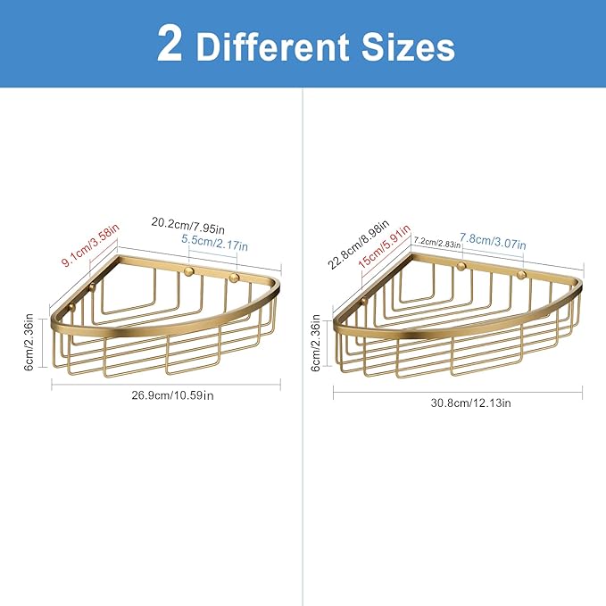 [2 Pack Bathroom Corner Shower Caddy Shelf Organizer, SUS304 Stainless Steel Heavy Duty Rust-Proof Shelf Holder, Wall Mounted Storage Rack for Bathroom Kitchen, Brushed Gold