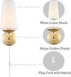 Modern Gold Wall Sconces Set of Two Linen Shade Plug in or Hardwire Wall Light Fixture for Bedroom, Living Room, Dining Room, Entryway