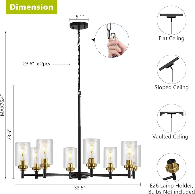 9MMML 8 Lights Black and Gold Chandelier, Modern Glass Ceiling Chandelier Light Fixture, Large Ceiling Hanging Light for Dining Room, Living Room, Bedroom, Kitchen, Over Table, Foyer, E26 Base