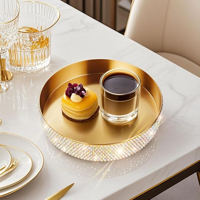 Round Bling Stainless Steel Serving Tray, Shiny Serving Platter for Coffee Table Display, Glitter Rhinestones Decorative Tray for Home Decor (Golden-5.5 inch)
