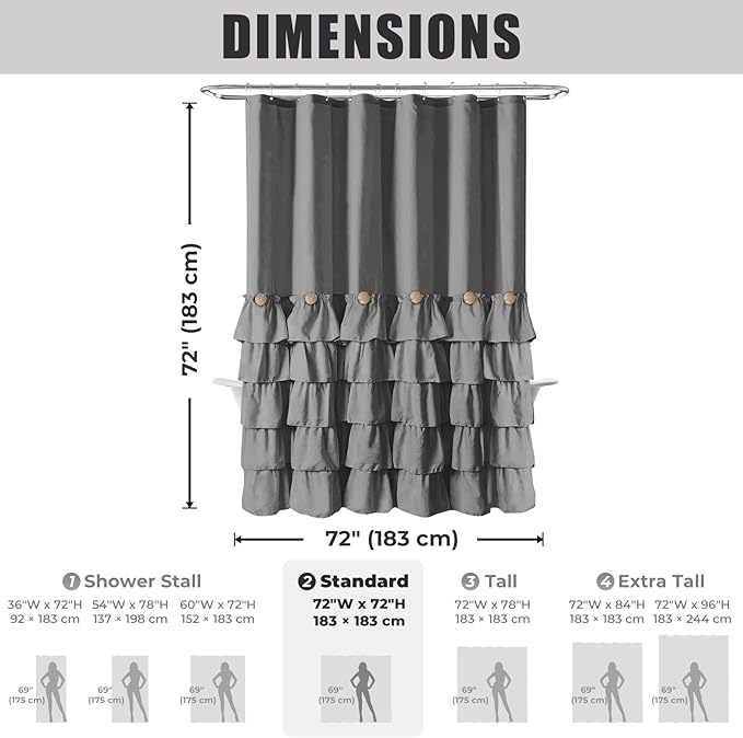 Seasonwood Grey Shower Curtain Ruffle Shower Curtain with Button 72 X 72 inch Bathtubs Decor Accessory Shabby Chic French Country Style