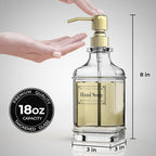 GLADPURE Soap Dispenser - 2 Pack, 18 Oz Antique Design Thick Glass Hand Soap Dispensers; with 304 Rust Proof Stainless Steel Pump, 6Pcs Clear Stickers, for Kitchen, Bathroom - Gold