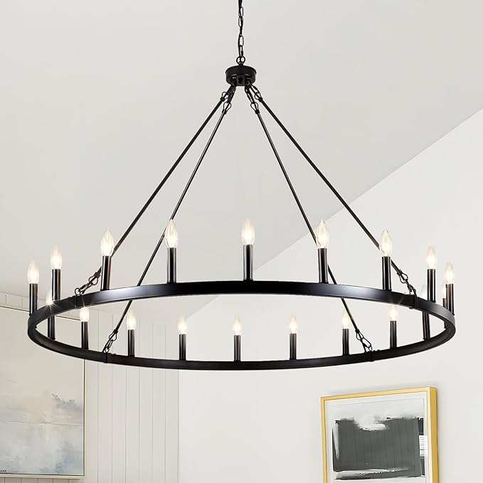 Black Wagon Wheel Chandelier 20-Light 48" Large Farmhouse Chandelier High Ceiling Light Fixture for Living Room Entryway Hallway Kitchen Island