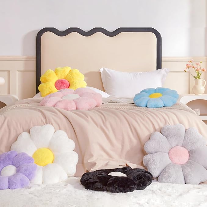 Flower Pillow, Pink Daisy Flower Decorative Pillows for Bed, Cute 19.6" Flower Shaped Pillow with Soft Faux Rabbit Fur Dorm Home Decor Floor Seating Cushion