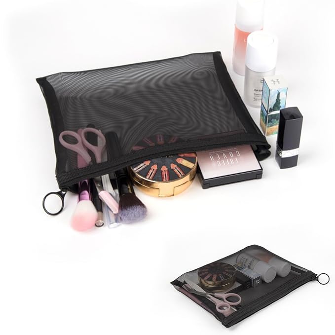 Patu Zipper Mesh Bags, Size L / A5, 5 Pieces, Beauty Makeup Cosmetic Accessories Organizer, Travel Toiletry Kit Set Storage Pouch, Black