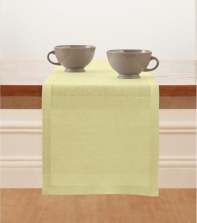 Solino Home Linen Table Runner 36 Inches - 100% Pure Linen Butter Yellow Hemstitch Table Runner 14 x 36 Inch Ideal for Dresser and Coffee Tables - Milan