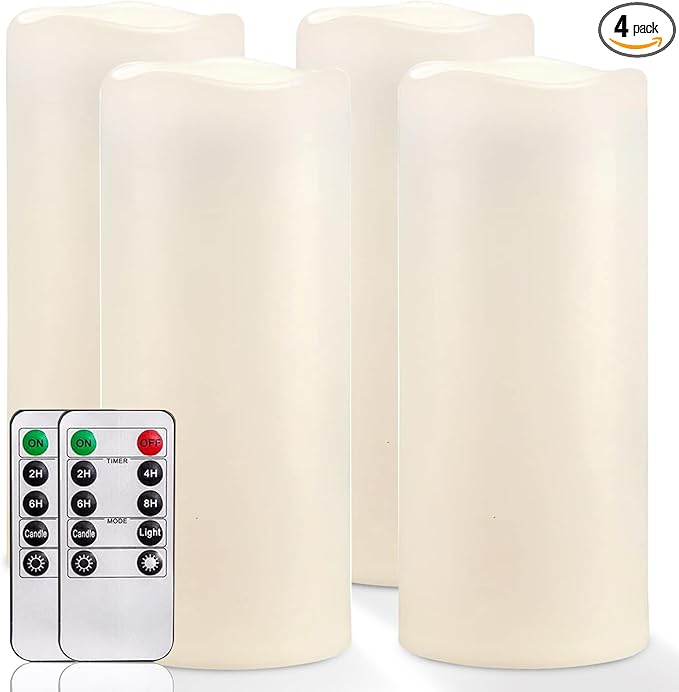 Homemory 10" x 4" Large Waterproof Outdoor Flameless Candles with Remote Control and Timer, Battery Operated Flickering LED Pillar Candles for Outdoor Larterns, Porch, Long Lasting, Set of 4