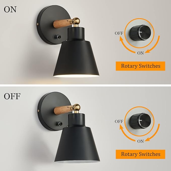 ClanKin Wall Sconces Lighting Fixture Set of 2, Bedside Wall Mounted Reading Lamp with On-Off Switch for Industrial Bedroom, Bathroom Hallway Living Room(2Pack-Black with Swtich)