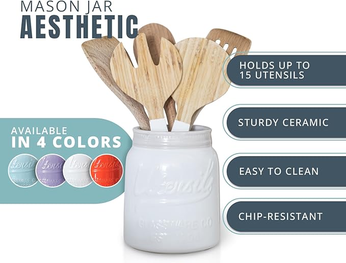 Comfify Wide Mouth Mason Jar Utensil Holder Decorative Kitchenware Organizer Crock - Perfect Cookware Gift - White, Large Size 5.4x6.75
