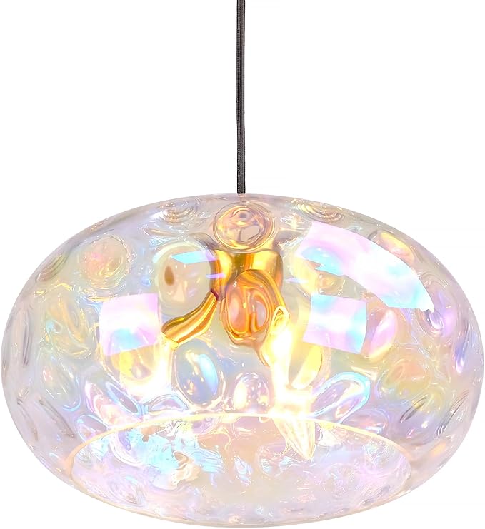Large Glass Pendant Lighting, 14" Hammered Lampshade Hanging Lamp, 3-Light Brass Gold Chandelier for Dining Living Room Kitchen Island (Stained Glass Shade, 14 Inches)