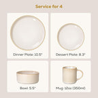 Romswi Dinnerware Set for 4, 16Pcs Stoneware Plates and Bowls Sets with Mugs, Chip & Scratch Resistant Dish Set, Handmade Reactive Glaze Plate Set, Oven,Microwave and Dishwasher Safe, Cappuccino White