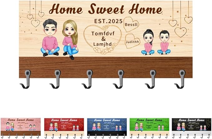 Personalized Wood Family Key Holder Sweet Home Key Hooks Custom Name Portrait Wall Mounted Family Home Organizer Hanger Decor for Entryway Hallway Coat Rack Birthday House Warming Gift