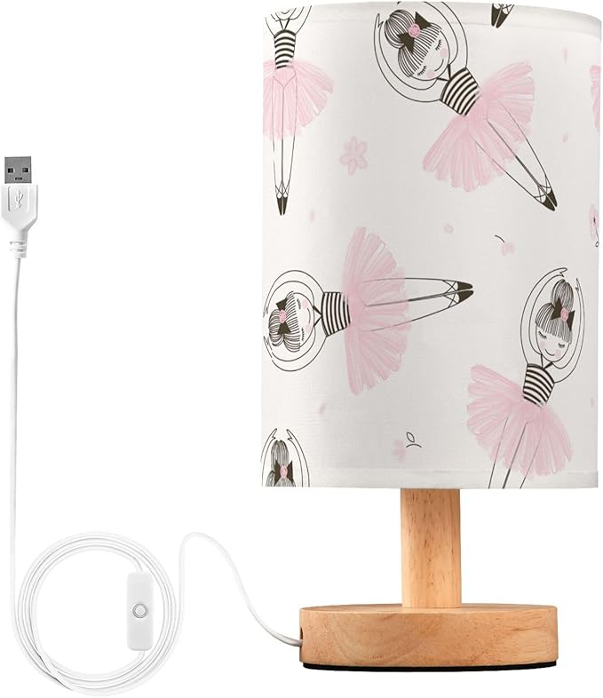 Cute Ballerina Girl Table Lamp with Pink Flower Pattern, Wood Base, Fabric Shade for Bedside, Desk, Living Room, Kids Room, Office