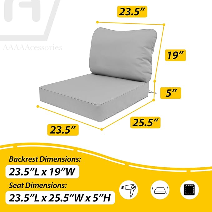 AAAAAcessories Outdoor Deep Seat Cushions, Waterproof, Fade-Resistant Patio Furniture Replacement Cushions, 23.5" x 25.5" x 5" + 23.5" x 19", Set of 4, Gray
