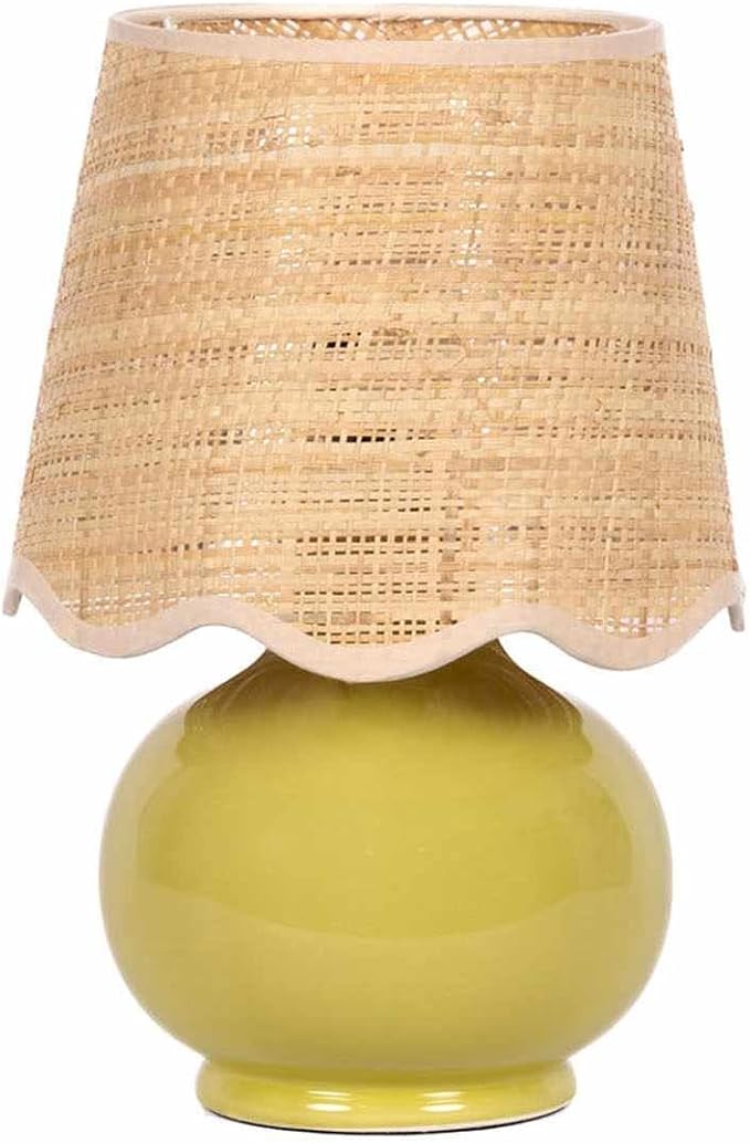 BoutiqueRugs Navarro Boho Ceramic Bedside Table Lamp for Bedroom Nightstand and Living Room - Shade Rattan - Green, Sage, Beige - 13" H