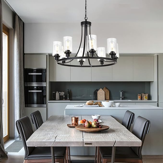 MELUCEE Black Chandelier 8 Lights, Kitchen Island Lighting Industrial Chandelier with Clear Glass Shade, Farmhouse Pendant Light for Dining Room Living Room Bedroom