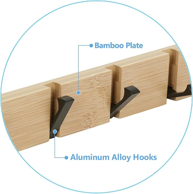 JSVER Wooden Coat Hooks Coat Rack Wall Mount, Space-Saving Coat Rack with 5 Standard Retractable Hooks, Hat Coat Hook for Entryway, Hallway, Bathroom, Living Room, Bedroom