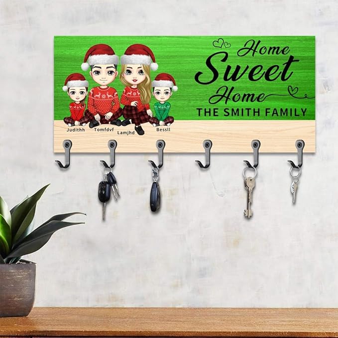 Personalized Wood Family Key Hanger Custom Name Portrait Wall Mount Key Holder for Wall Entryway Home Sweet Home Organizer Hanger Birthday Housewarming Decor Gifts for Christmas New Year