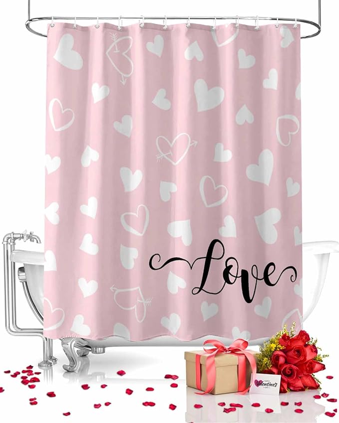 Vandarllin Pink Valentine's Day Shower Curtain, Valentines Love Heart Shower Curtains Set with Hooks, Waterproof Fabric Bathroom Curtains Decor Home Accessories,66 X 72 Inch Long