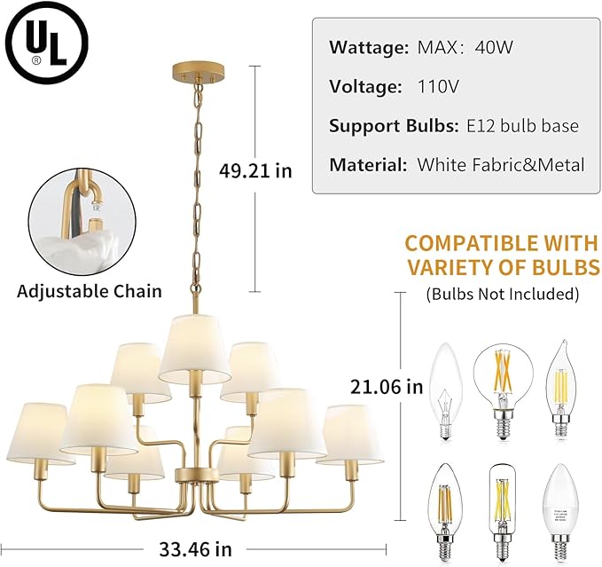 Gold Chandeliers for Dining Room with White Fabric Shades,33”Light Fixture Chandelier,9-Lights foyer chandeliers for high ceilings,2 Tiered Lantern Farmhouse Pendant Light for Living Room,Entryway
