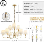 Gold Chandeliers for Dining Room with White Fabric Shades,33”Light Fixture Chandelier,9-Lights foyer chandeliers for high ceilings,2 Tiered Lantern Farmhouse Pendant Light for Living Room,Entryway