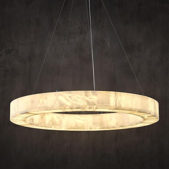 Alabaster Chandelier Spanish Natural Marble Round D30in Chandeliers, Modern Living Room Chandelier, Alabaster Pendant Light Fixture, Dimmable Chandeliers for Bedroom, Entryway, Foyer, Hallway