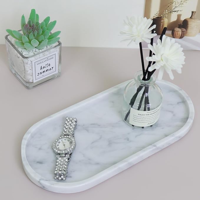 OOBOOB Oval Natural Marble Bathroom Tray for Decor Countertop, Marble Vanity Tray for Candles Perfume, Jewelry, Cosmetics, Elegant Vanity Organizer for Jewelry, Perfume