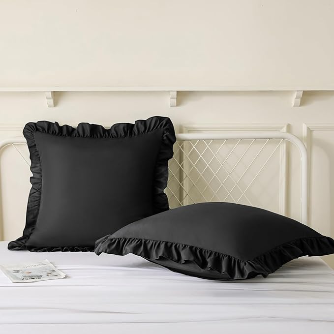 KKJIAF Ruffle Pillow Cases 24x24 Inches, Black Square Ruffled Pillow Covers Set of 2, Microfiber Wrinkle Resistant Pillow Shams with Envelope Closure for Sofa Bed Living Room