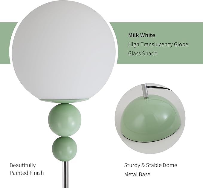 Modern Glass Floor Lamp for Bedroom, 63'' Vintage Mid-Century Floor Lamp with Milky White Frosted Glass Globe Shade for Living Room Corner, Slim Standing Reading Lamp for Office Decor (Pastel Green)