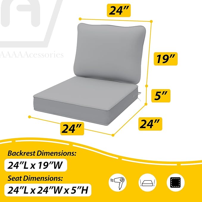 AAAAAcessories Outdoor Deep Seat Cushions, Waterproof, Fade-Resistant Patio Furniture Replacement Cushions, 24" x 24" x 5", Set of 2, Gray