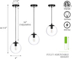 XiNBEi Lighting 8 inch Globe Pendant Lighting Kitchen Island, Modern Industrial Black Pendant Light with Clear Glass Adjustable Hanging Light Fixture for Dining Room XB-P1259-MBK