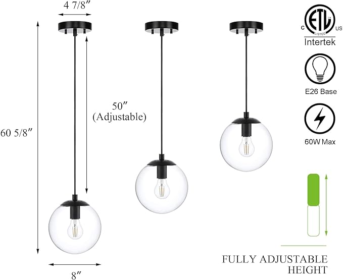 XiNBEi Lighting 8 inch Globe Pendant Lighting Kitchen Island, Modern Industrial Black Pendant Light with Clear Glass Adjustable Hanging Light Fixture for Dining Room XB-P1259-MBK