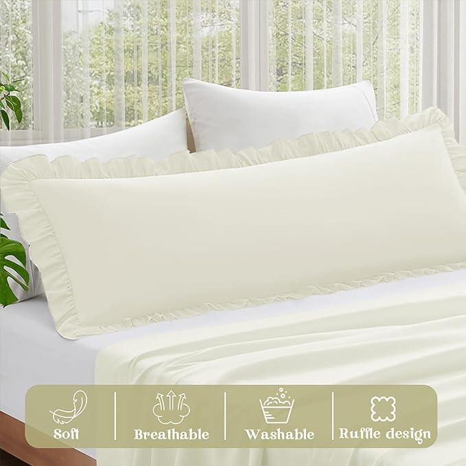 KKJIAF Ruffle Body Pillow Cases Set of 1, Ruffled Pillow Covers with Envelope Closure, Wrinkle Resistant Ruffled Long Pillow Shams 20" x 54", Beige