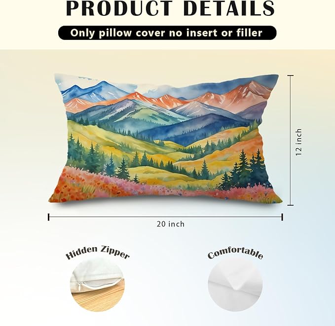 JINYO Watercolor Mountain Nature Landscape Pillow Covers 12x20, Colorful Maximalist Wildflower Meadow Forest Scenery Lumbar Throw Pillow Covers for Couch Bed Living Room Bedroom, Nature Lover Gifts
