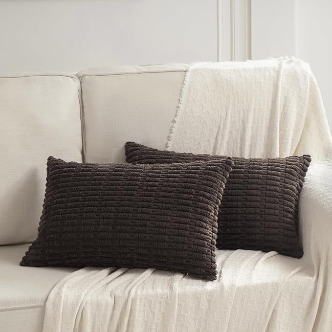 Fancy Homi Dark Brown Lumbar Decorative Throw Pillow Covers 12x20 Inch for Living Room Couch Bed Sofa, Rustic Farmhouse Boho Home Decor, Soft Striped Corduroy Rectangle Cushion Case 30x50 cm