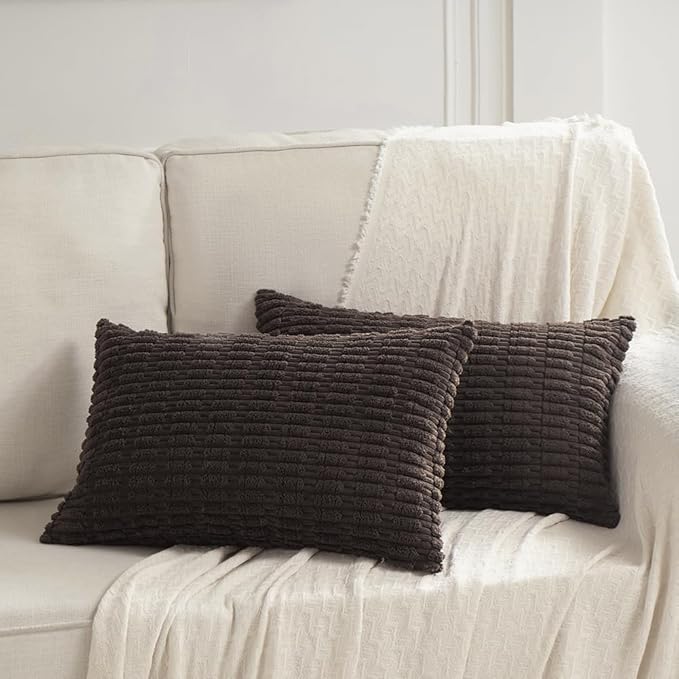 Fancy Homi Dark Brown Lumbar Decorative Throw Pillow Covers 12x24 Inch for Living Room Couch Bed Sofa, Rustic Farmhouse Boho Home Decor, Soft Striped Corduroy Rectangle Cushion Case 30x60 cm