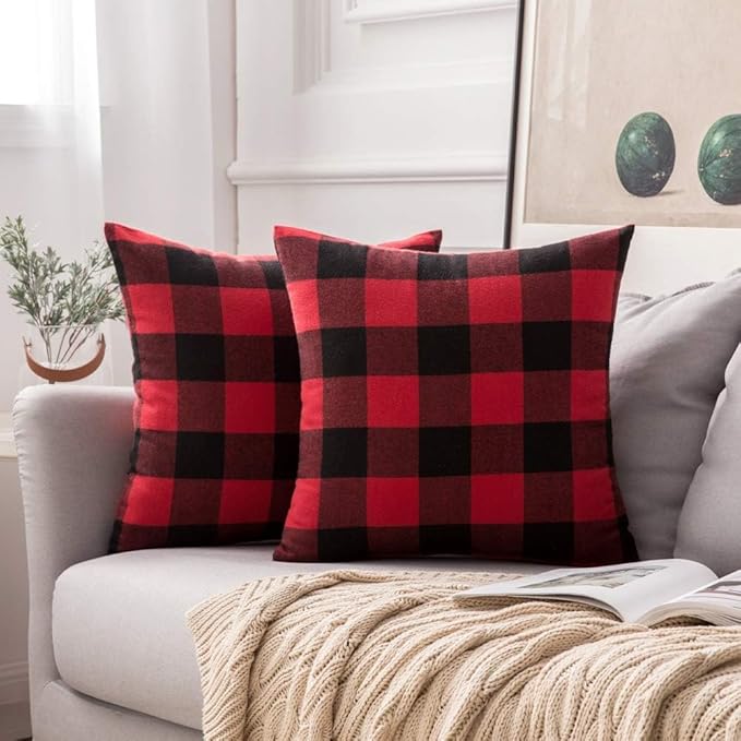 MIULEE Pack of 2 Christmas Classic Retro Checkers Plaids Polyester Linen Soft Soild Square Porch Throw Pillow Covers Black and Red Home Decor Design Cushion Case for Sofa Bedroom Car 22 x 22 Inch