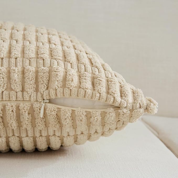Fancy Homi Tan Lumbar Decorative Throw Pillow Covers 14x24 Inch for Living Room Couch Bed Sofa, Rustic Farmhouse Boho Home Decor, Soft Striped Corduroy Rectangle Cushion Case 35x60 cm