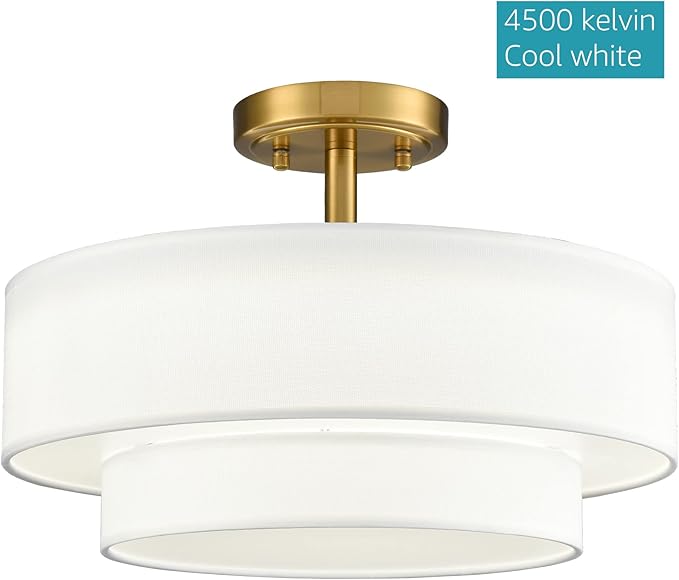 DAYCENT Modern Gold Semi Flush Mount Ceiling Light with Drum Shade 3000K/4500K/5500K LED Flush Mount Drum Lamp Brass Ceiling Light Fixtures for Hallway Bedroom Kitchen Living Room, 30W