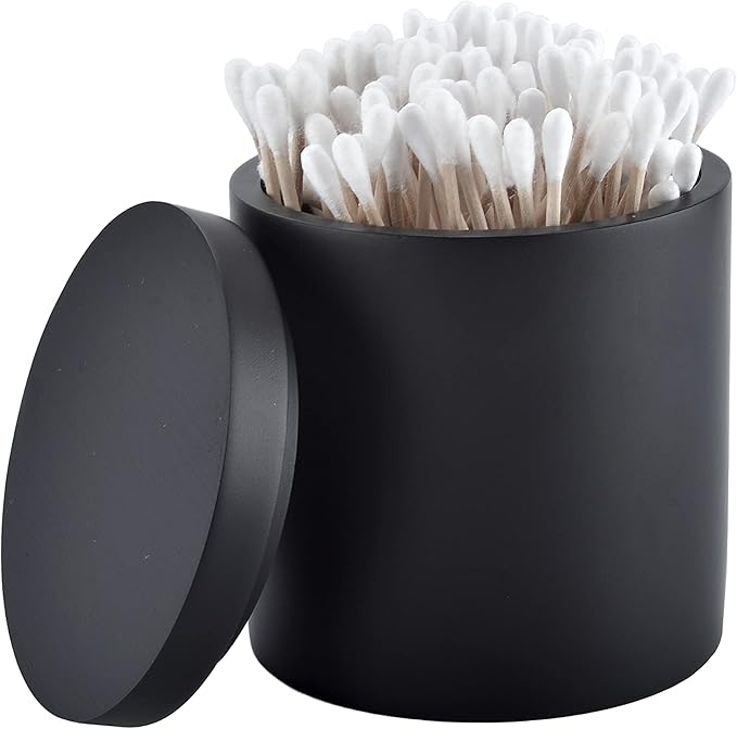 Cotton Swab Holder with Lid, Round Qtip Holder Bathroom Black, Resin Cotton Ball Canister Jar Cosmetics Makeup Countertop Organizer Containers Canister Apothecary Jar, Matte Black