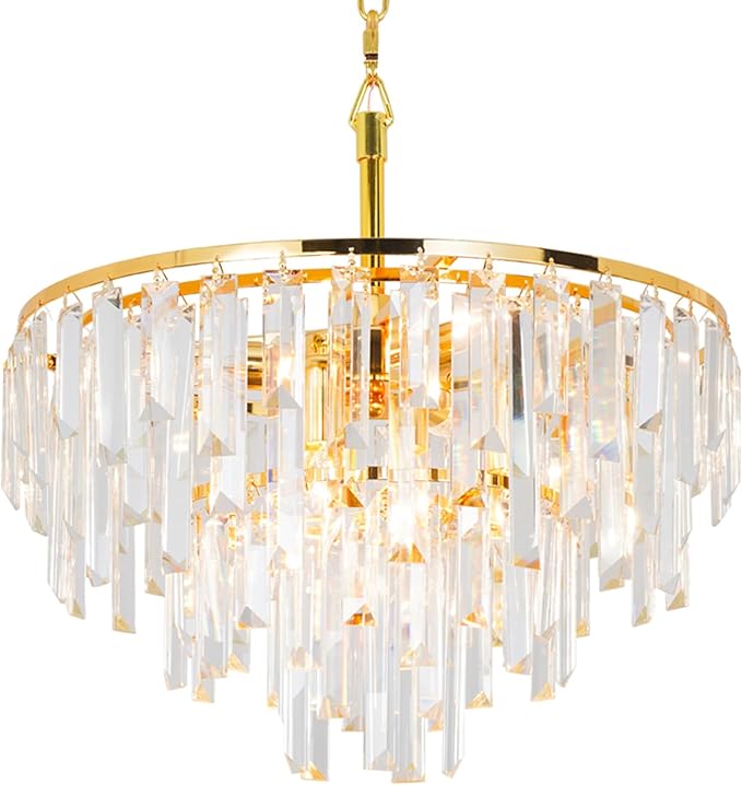 Gold Modern Round Top K9 Crystal Chandelier Lighting Fixture, 6 Lights Round K9 Crystal Adjustable Hanging Lamp for Dining Room Bedroom Living Room,Hallway,Bar,Kitchen W17'