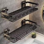 EVALAND Aluminum Shower Caddy, Adhesive Shower Shelves, 2-Pack with Hooks and Rod for Towels, No Drill Wall Mount Rustproof Premium Organizer for Bathroom, Kitchen, Black