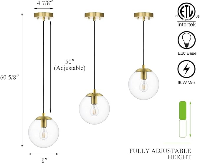 XiNBEi Lighting Globe Pendant Light, Mid Century Modern Kitchen Pendant Lighting Over Island with Clear Glass Brass Light Fixture for Sink Entryway Bedroom XB-P1259-SB