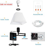 Swinging arm Wall lamp, Fabric lampshade, with Plug and dimming Rotary Switch, USB and Type-C Charging Port, Suitable for Bedside, Living Room, Hotel and Bedroom Wall Lamps