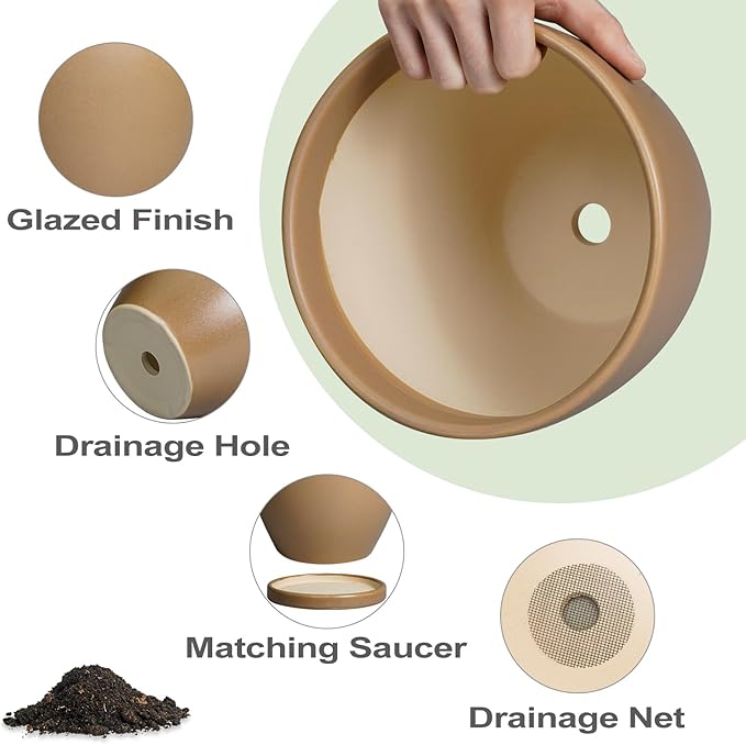 Ceramic Pots for Plants Set of 3-10+8+6 Inch Modern Round Planters with Drainage Holes and Plant Saucers, Flower Pots for Indoor Outdoor, Home Garden Room Decor, Plant Lover Gifts, Brown