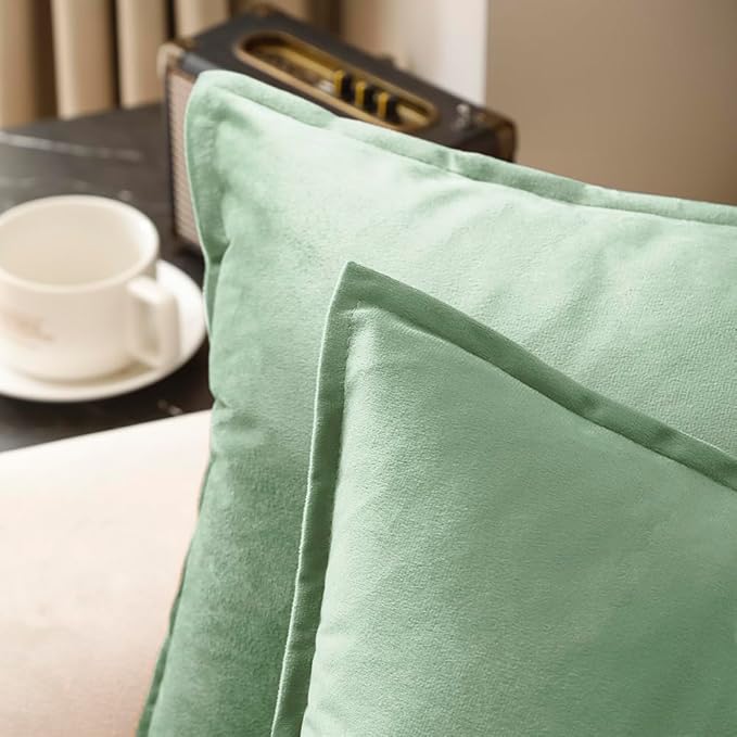 VAKADO Throw Pillow Covers 16x16 Set of 2 Sage Green Velvet Decor Decorative Couch Cushion Euro Pillowcases with Fringe Home Bed Decoration for Sofa Bedroom Office